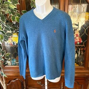 Vintage Polo Ralph Lauren Blue Lambswool Sweater Pullover Men’s L Orange Pony